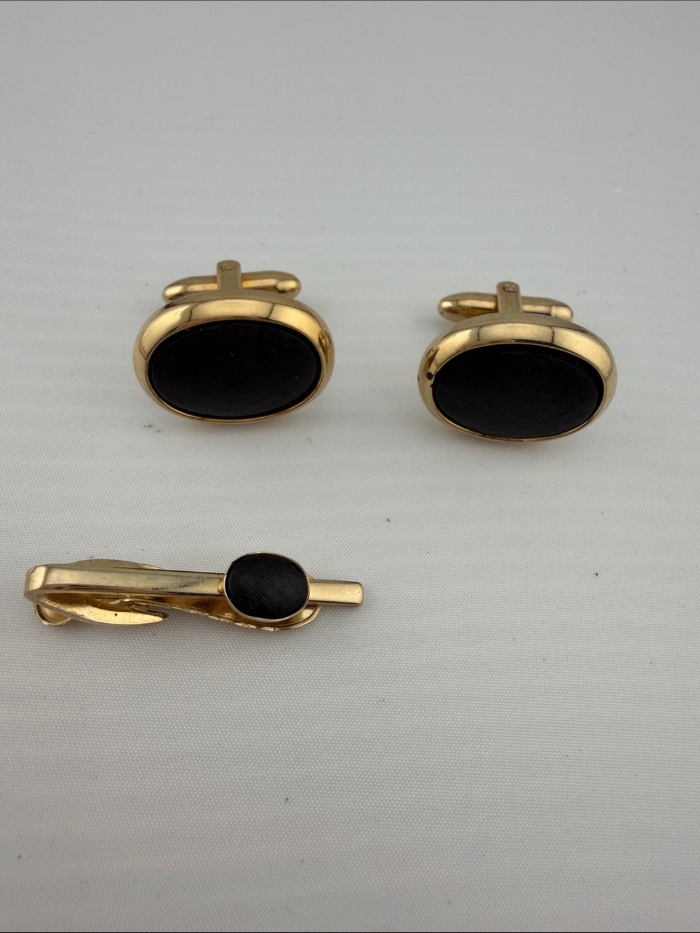 Vintage Gold-Tone Cufflinks and Tie Clip Set with Black Inset